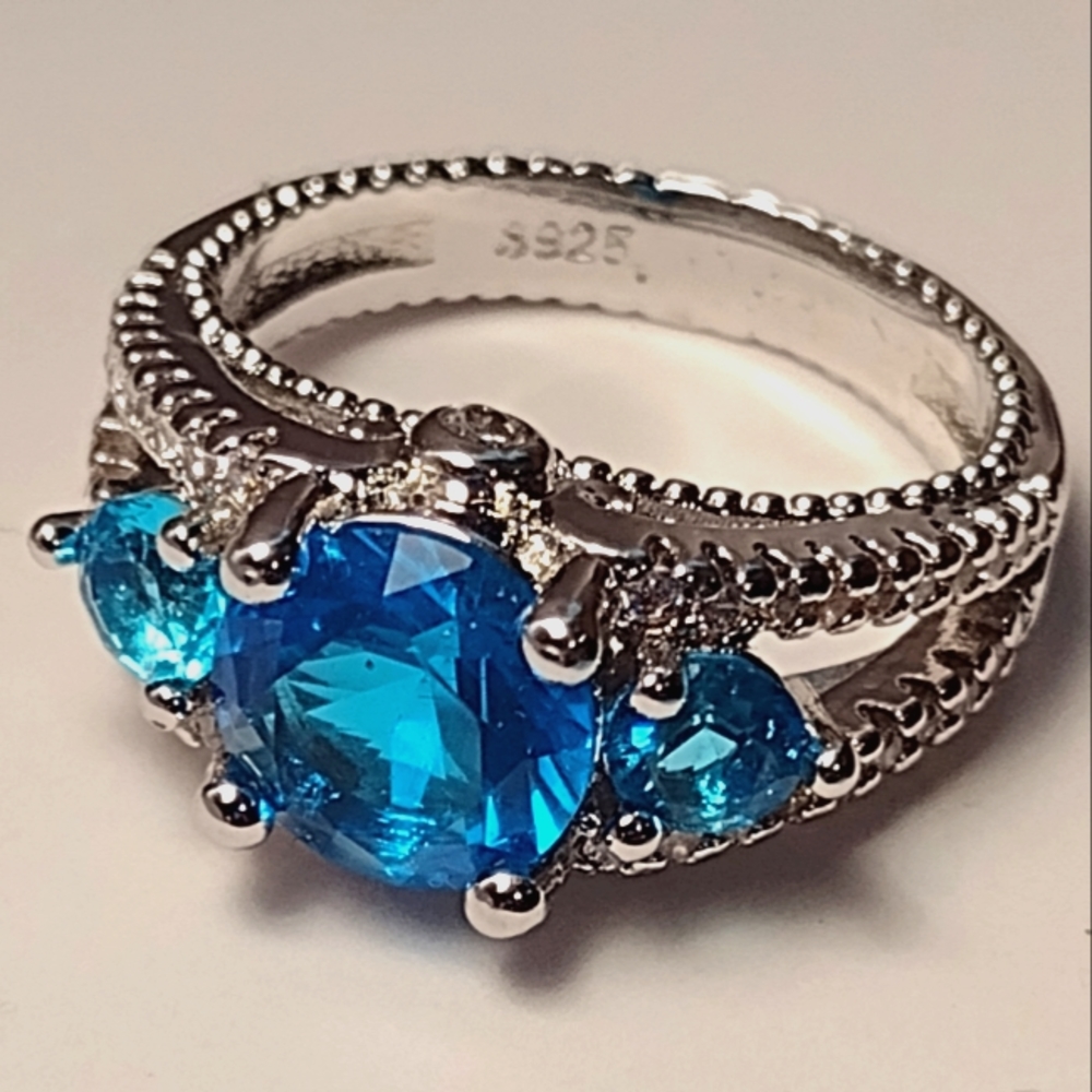 Size 7 - 925 Sterling Silver Plated Aquamarine Ring
